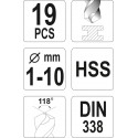 YT-4462 HSS metallipuuride komplekt 19 tk 1–10 mm YATO