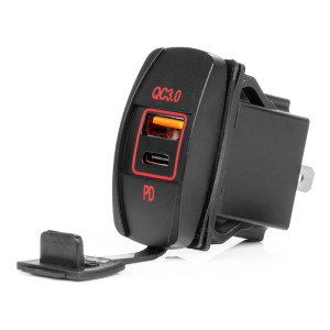 AMIO 04229 влагозащищённое USB + USB-C QC3.0 зарядное устройство с красной LED подсветкой 12/24V